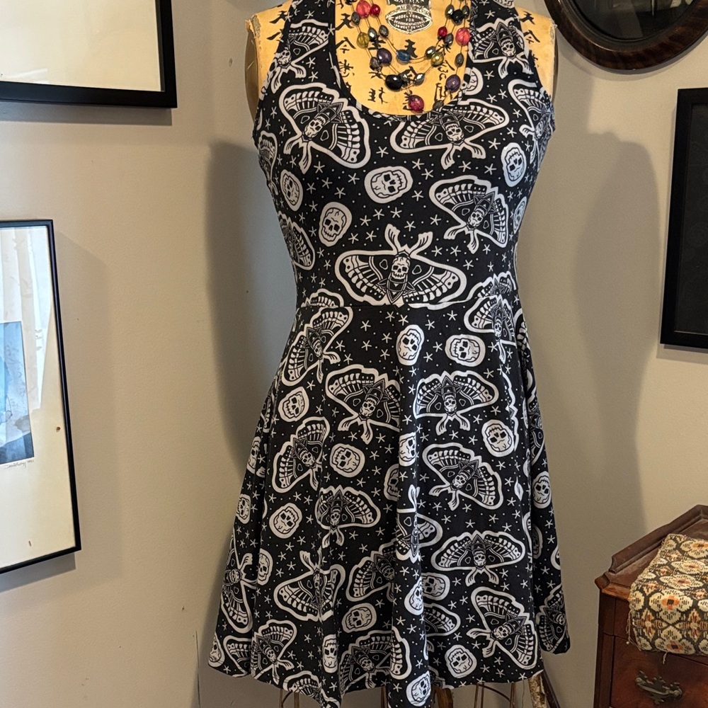 Sourpuss Black & Grey  Gothic Skull Death Head Moth Print Dress NWOT